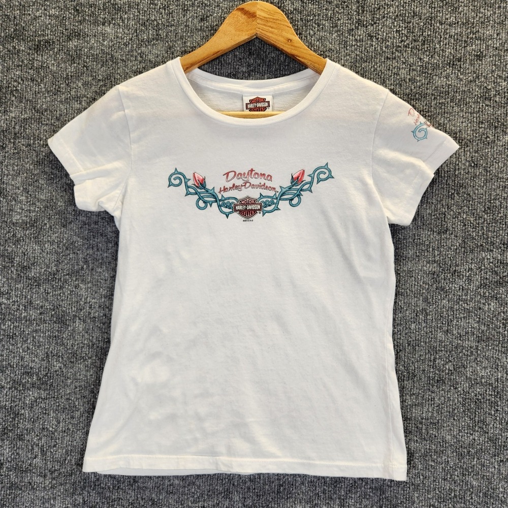Harley Davidson T-Shirt Women's Small‎ White Floral Daytona Beach Made USA